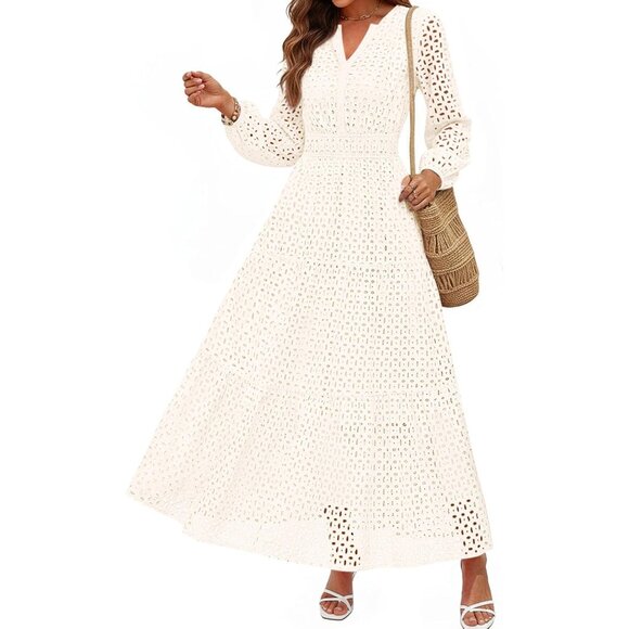 Modest White Maxi Dress for Women - Long Sleeve V-Neck for Weddings & Events